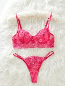 Bộ đồ lót gợi cảm hai mảnh + Quần lót lọt khe Châu Âu và Mỹ Bộ đồ lót thêu quyến rũ hấp dẫn - Màu Hồng Tươi - Xem 2