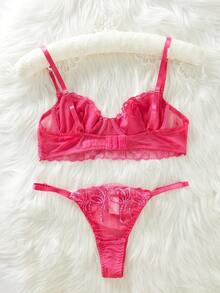Bộ đồ lót gợi cảm hai mảnh + Quần lót lọt khe Châu Âu và Mỹ Bộ đồ lót thêu quyến rũ hấp dẫn - Màu Hồng Tươi - Xem 5