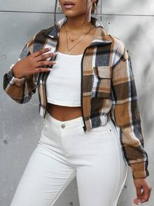 Chaqueta corta casual de mujer con bolsillo con solapas a cuadros, de otoño