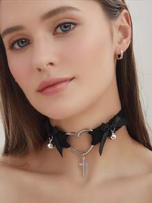 1pc Cute Sweet Bowknot & Bell Choker Necklace, Sexy Cross & Heart Pendant Necklace For Women - Black and White - View 8