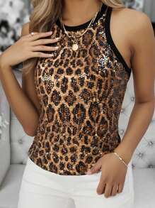 ChicMe Leopard Print Sequin Contrast Sleeveless Tank Top Slim Fit Casual Fashion Tank Top - Black - View 6