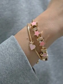1pc Pink Bow & Heart Charm Adjustable Bracelet, Star DIY Bracelet, Ballet Style Pink Bracelet Valentines,Mom,Mother,Mother's Day,Gift - Gold - View 9