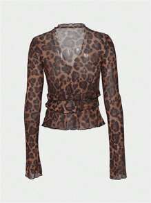 Top sexy de mujer tipo body con estampado de leopardo transparente, tipo cárdigan con cordones y manga larga, Y2K para mujer