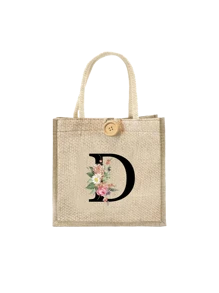 Letter Print Tote Bag, Floral Print Linen Tote Bag, Button Decor Tote Bag, Minimalist Large Capacity Tote Bag, Portable Casual Storage Tote Bag, Multi-Function Shopping Bag, New Design, Large Capacity - Khaki - View 14