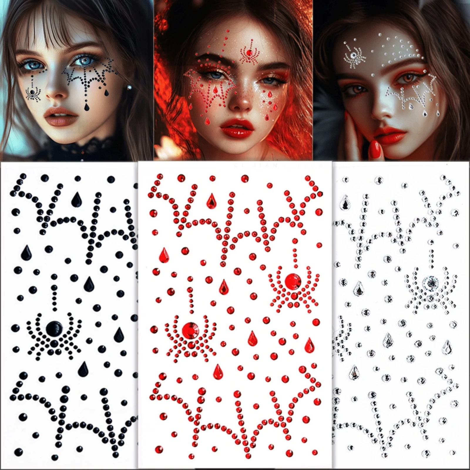 1 件蜘蛛形闪光脸部宝石，包括红色、黑色和白色，适用于万圣节、节日派对、舞台表演、婚礼派对、伴娘、生日派对、音乐节、DIY 眼部和面部贴纸、舞蹈表演派对和舞台化妆假纹身脸部宝石 - 彩色 - 查看 1