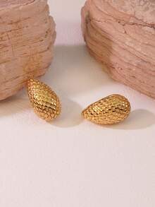 2 件/套时尚奢华风格 18K 镀金不锈钢锤纹纹理泪珠耳环，适合女性与朋友聚会或日常通勤时佩戴，也可作为节日礼物 - 金黃色 - 查看 7