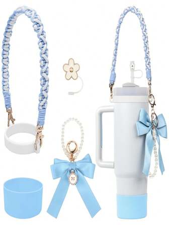 New Ice Boss Cup Small Floral Straw Drink Straw Bowknot Faux Pearl Chain Keychain Silicone Water Bottle Strap Cup Holder Set For 40OZ/30OZ
