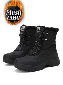 Botas de nieve de moda de invierno para mujer, botas para senderismo de media pantorrilla con cordones para exteriores, antideslizantes, con forro térmico, zapatos para caminar, color negro