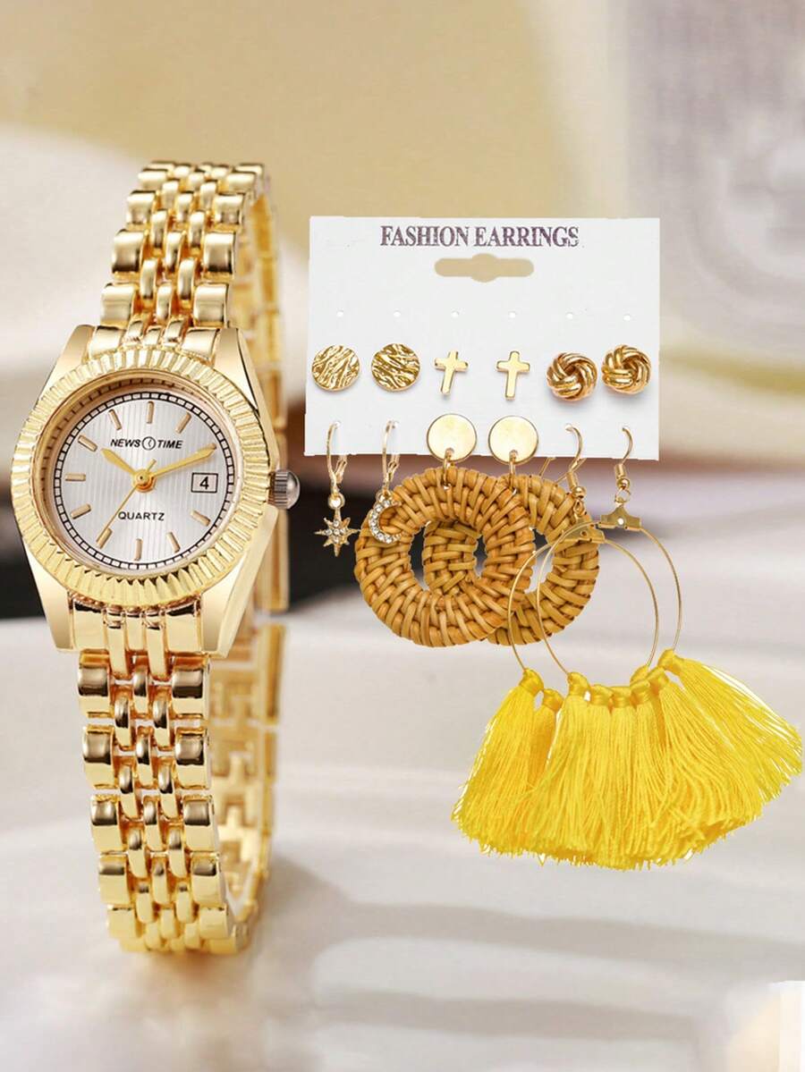 13 件/套青少年时尚条形刻度圆形表盘钢带石英表 + 耳环礼品套装，适合生日、圣诞礼物 - 金色 - 查看 1