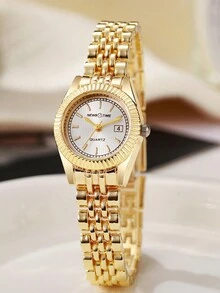 13 件/套青少年时尚条形刻度圆形表盘钢带石英表 + 耳环礼品套装，适合生日、圣诞礼物 - 金色 - 查看 3