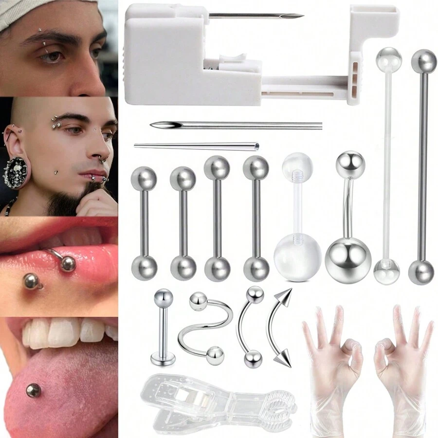 8Pcs/Sets Body Piercing Kit For Belly Button/Lip/Tongue/Ear/Nose/Eyebrow/Nipple Piercing Gun Kits Body Piercing Needle Tools For Women Men - White - View 1