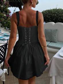 Women's Sexy Sweetheart Neck Sleeveless Tie Front Lace Trim A Line Party Mini Dress - 黑色 - 查看 4