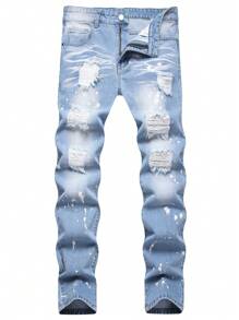 Distressed Slim Fit Straight Leg Denim Jeans, Design - Light Wash - View 1