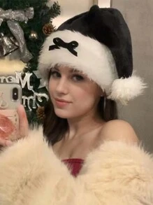 1 chiếc mũ Giáng sinh nơ đen mới kiểu dáng ngọt ngào sang trọng ấm áp mùa đông mũ đội đầu Giáng sinh cho phụ nữ Halloween - Đen và trắng - Xem 1