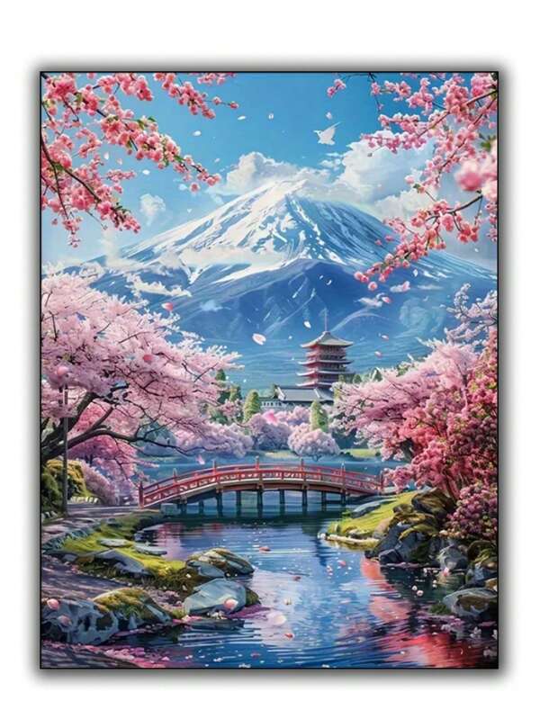 5D Diamant Malerei Set für Erwachsene, Vollbohrung Landschaftskunst mit runden Diamanten, Leinwand DIY Craft Set, Mosaik Wand Dekoration Zuhause, Einsteiger freundliches Projekt, japanische Kirschblüten Landschaft
