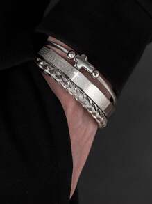 3pcs Fashionable Stainless Steel Braided Elastic Rope Open Cuff Bracelet, Unisex Simple Design - Bracelet - View 2