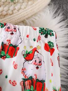 Weihnachtsset für Kleine Mädchen mit langärmeliger Bluse mit Rüschenkante und Weihnachtsmann-Muster und weitem Hose mit flauschigem Saum - Grün - Übersicht 6