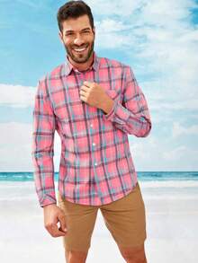 Men's Regular Fit Casual Plaid Shirt, Long Sleeve Cotton Button Down Checkered Shirt With Pockets - 紅色 - 查看 6