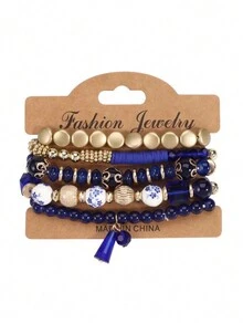 4 chiếc vòng tay gốm in nhiều lớp, thủy tinh, đính hạt phong cách Bohemian, thích hợp cho phụ nữ, trang trí hàng ngày và làm quà tặng tiệc - in gốm - Xem 7