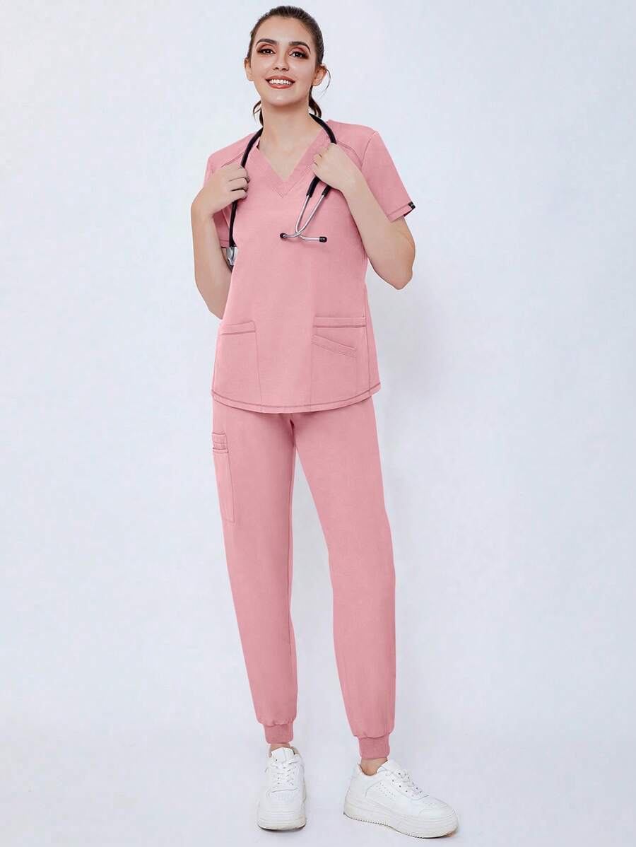 Women's Scrubs Set, Elastic And Breathable Uniform, Nursing Workwear With Pockets - Coral Pink - View 1