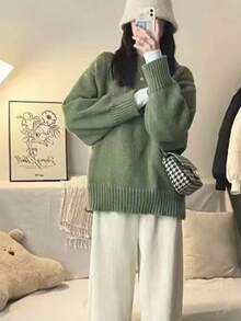 Women's Simple Solid Color Crew Neck Casual Long Sleeve Knit Sweater - Green - View 3