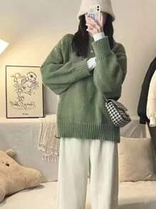 Women's Simple Solid Color Crew Neck Casual Long Sleeve Knit Sweater