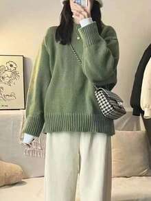 Women's Simple Solid Color Crew Neck Casual Long Sleeve Knit Sweater