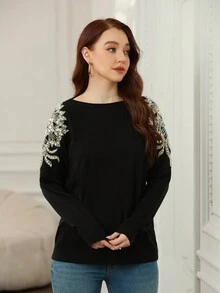 1 chiếc áo len dệt kim tay dài đơn giản, ấm áp, đa năng, họa tiết hoa cho nữ, mùa thu/đông - màu đen - Xem 6