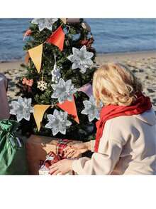 10 CÁI Hoa trạng nguyên lấp lánh Giáng sinh Hoa trang trí Giáng sinh nhân tạo Hoa trang trí và Hoa trạng nguyên lấp lánh Đồ trang trí cây thông Noel cho Đám cưới Giáng sinh - Bạc - Bạc - Xem 5