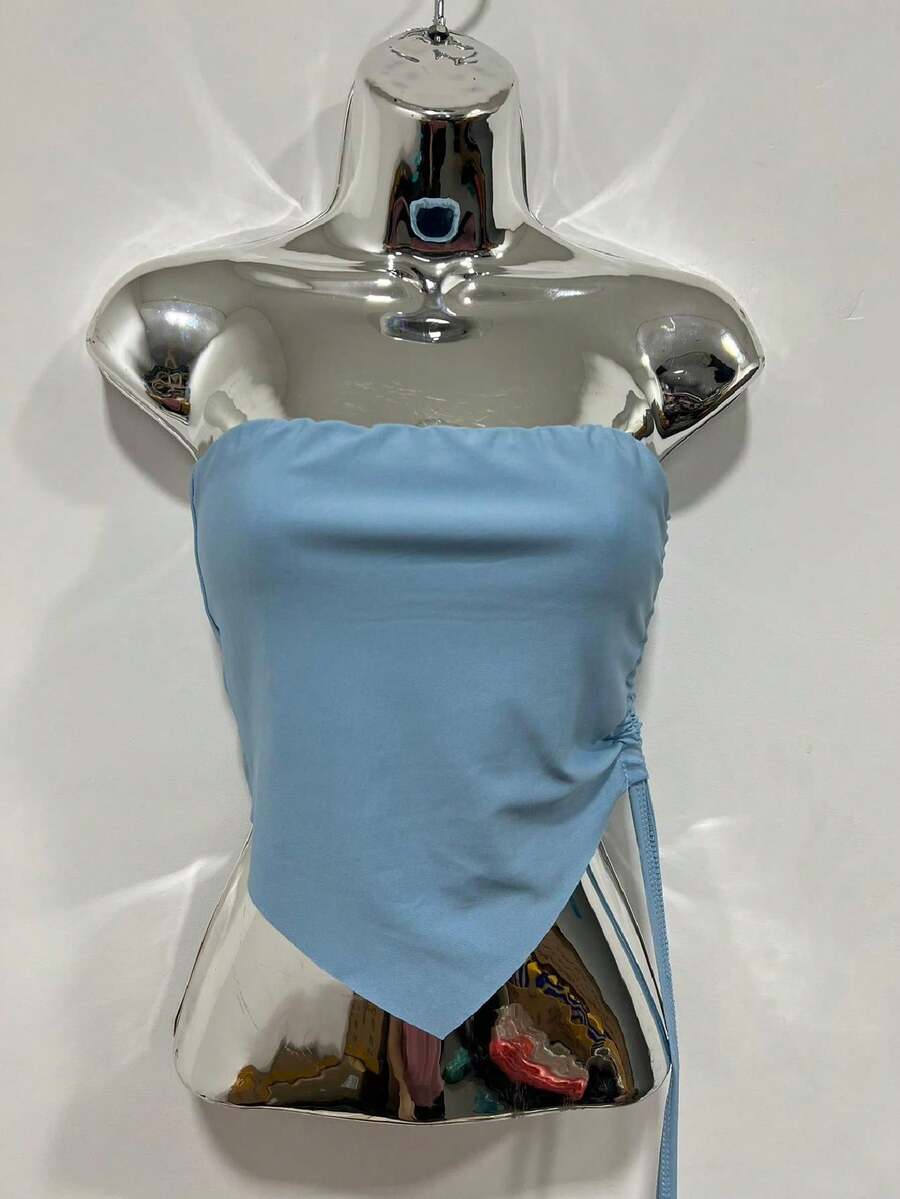 Strapless Cropped Top With Gathered Sides, Spring Summer - Màu xanh nhạt - Xem 1