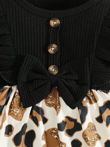 1 套女婴时尚豹纹荷叶边领连衣裙（带头带），秋季 - 黑色 - 查看 5