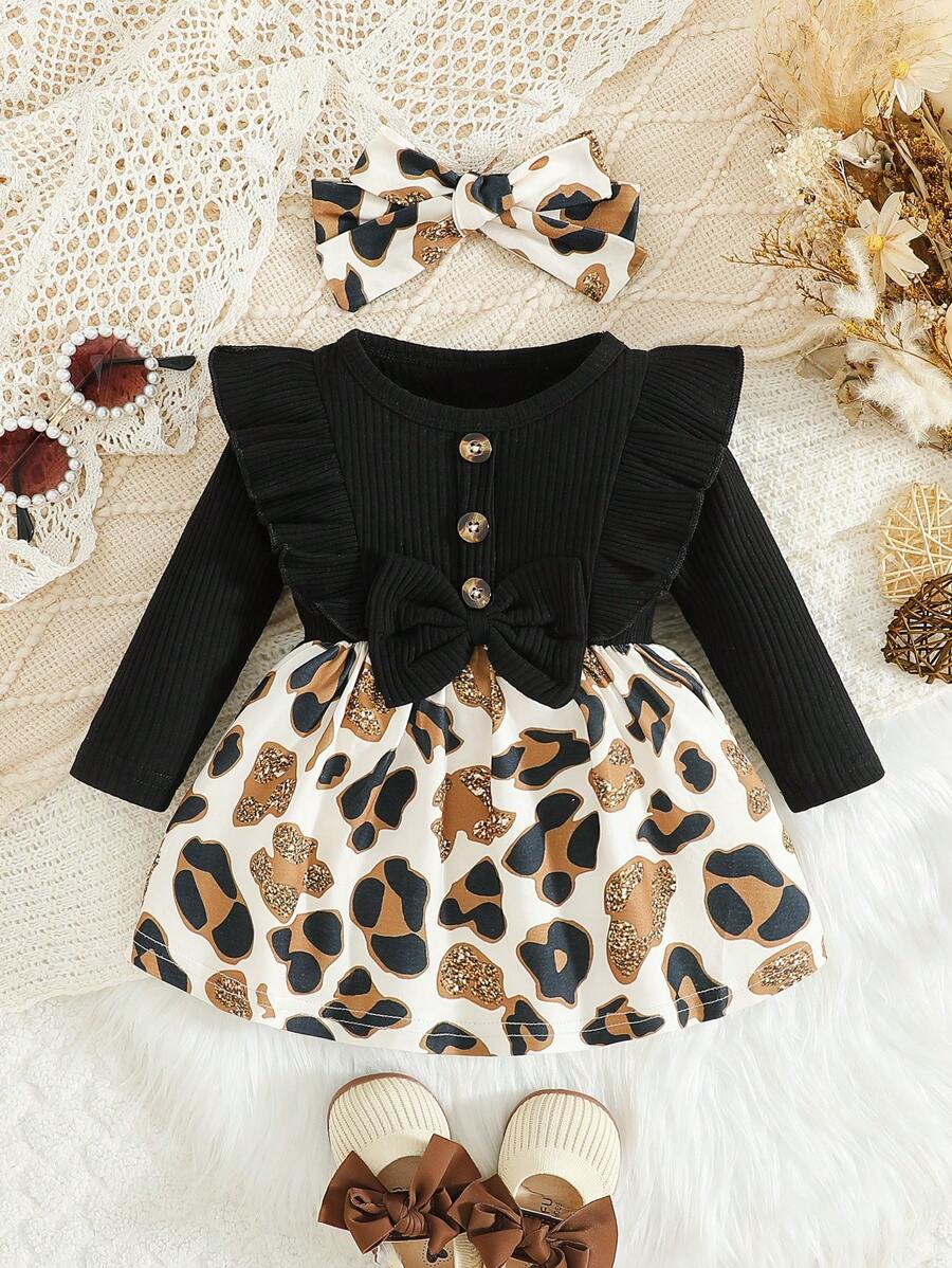 1 套女婴时尚豹纹荷叶边领连衣裙（带头带），秋季 - 黑色 - 查看 1
