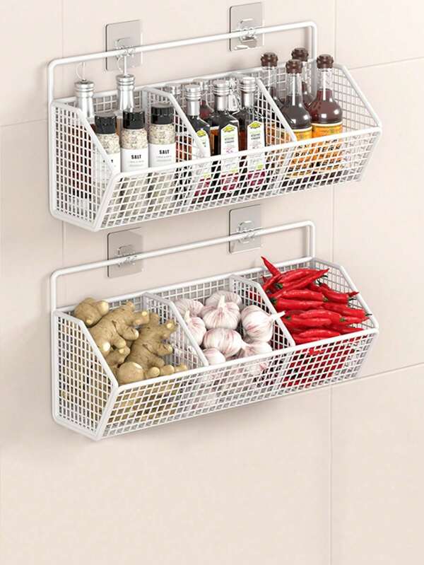 1pc Modern Iron Wall-Mounted Kitchen Storage Basket - Durable Metal Wire Organizer, Suitable For Spice, Garlic, Onion And Vegetables - Perfect For Home Kitchen Organization Baskets And Cabinets