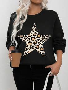 全新秋冬休闲运动装简约五角星和豹纹图案套头衫保暖羊毛衫，适合寒冷天气 - 黑色 - 查看 2