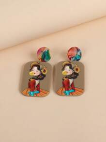 1 对独特油画浮雕抽象女性形象吊坠耳环 - 彩色 - 查看 3