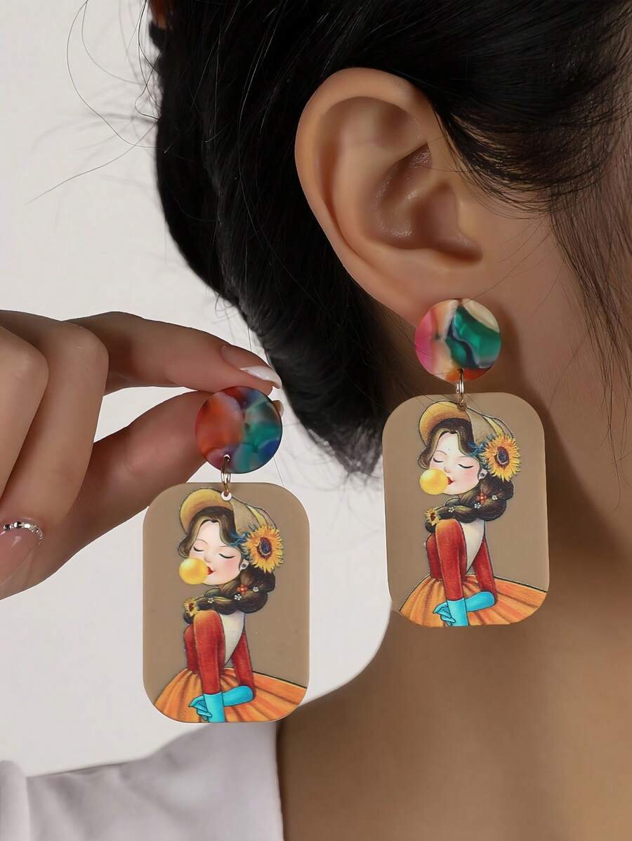 1 对独特油画浮雕抽象女性形象吊坠耳环 - 彩色 - 查看 1