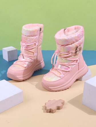 1 双女孩紫色雪地靴，卡通图案，防水中筒，厚毛皮衬里，防滑耐用冬靴