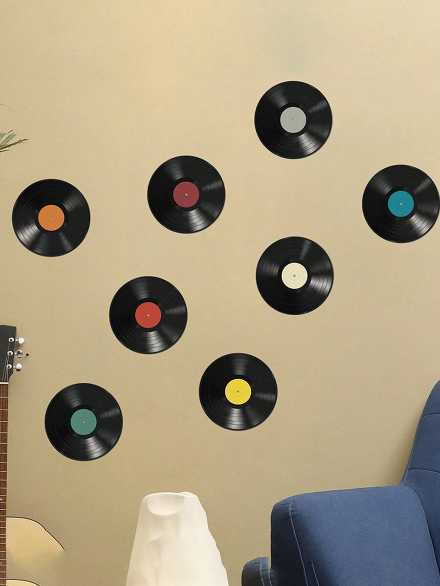 8 件装经典音乐黑胶唱片墙贴 适用于卧室、客厅、入口、家居装饰 自粘式最佳礼物 - 黑色 - 查看 1