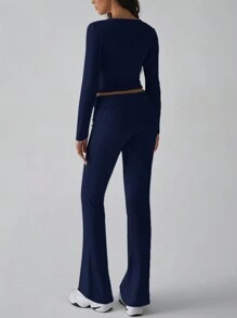 GAOVOT 女士两件套春夏 Y2K 修身性感纯色方领长袖上衣搭配微喇叭裤套装 健身休闲 - 藏蓝色 - 查看 2