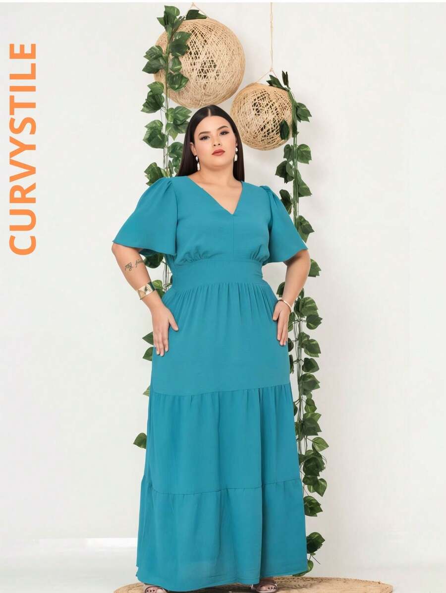LONG V-NECK DRESS, A OF THE YEAR - Màu xanh ngọc - Xem 1