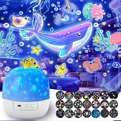 星空银河投影夜灯，含21套投影胶片，皇冠造型夜灯，适用于卧室、天花板，360°旋转星空投影仪，生日、圣诞节礼物，房间装饰