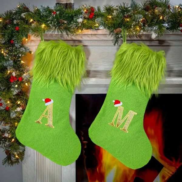 Large Christmas Stockings With Initials, Green Monogram Christmas Stocking, 18 Inches Knitted Christmas Stocking, Christmas Decorations For Home, Personalized Christmas Stockings, Christmas Party, Xmas Stockings, Holiday Mantel Decoration, Christmas And New Year Gift Bag
