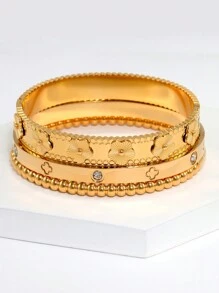 1pc Fashion 18K Gold Plated Stainless Steel Flower Bangle Bracelet For Women, European And American Style Party & Wedding Jewelry Gift Valentines,Mom,Mother,Mother's Day,Gift