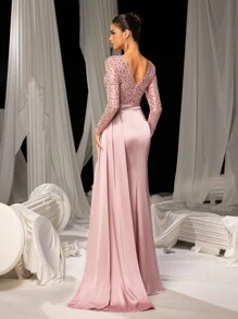 Faeriesty Elegant Contrast Sequin Draped Side Mermaid Hem Evening Dress,Wedding Event Dress, Long Sleeve Formal Prom Gown, For Wedding Guest, Graduation, Dinner Party Dress - Dusty Pink - View 3