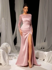 Faeriesty Elegant Contrast Sequin Draped Side Mermaid Hem Evening Dress,Wedding Event Dress, Long Sleeve Formal Prom Gown, For Wedding Guest, Graduation, Dinner Party Dress - Dusty Pink - View 8