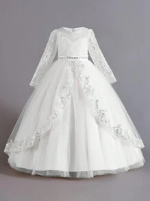 长袖蕾丝网纱优雅花童公主裙，适合举办派对和晚宴，不含头饰 - 白色 - 查看 4