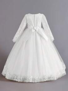 Long Sleeve Lace & Mesh Elegant Flower Girl Princess Dress, Suitable For Hosting Parties And Galas, Excluding Headband - trắng - Xem 2