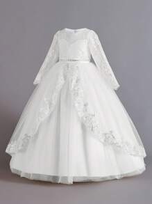长袖蕾丝网纱优雅花童公主裙，适合举办派对和晚宴，不含头饰 - 白色 - 查看 3