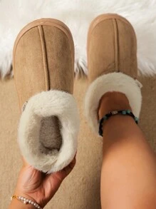 Plus Size Women Faux Suede Fleece Slip-On Non-Slip Wear-Resistant Warm House Slippers, Suitable For Spring, Autumn And Winter
