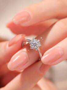 1pc S925 Sterling Silver Snowflake Cubic Zirconia Engagement Ring, Delicate European & American Style, Suitable For Women, Best Gift For Lover, Friend, Family, Christmas Gift, High-End Jewelry For Ladies